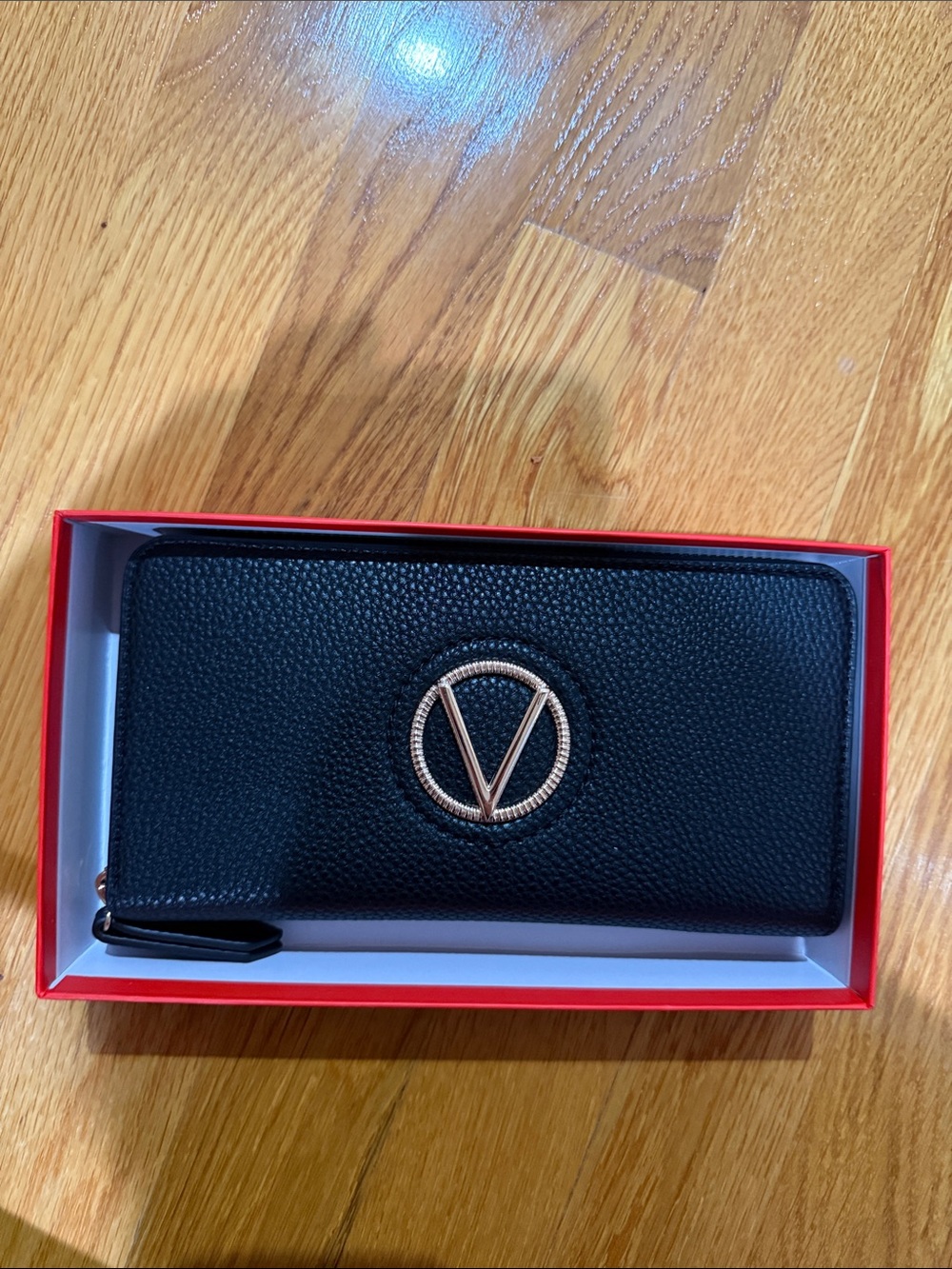 NWT Valentino Black Zip-Around Wallet with Gold V Logo Accent